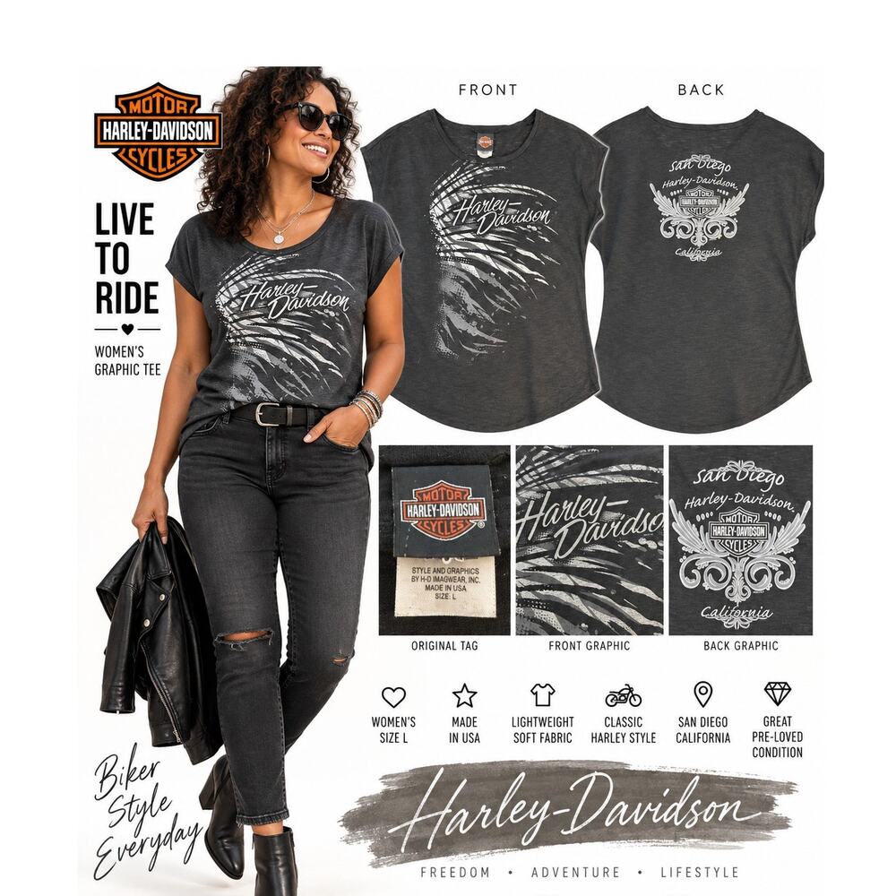 Harley-Davidson San Diego Tee Women’s Large Gray Black Burnout Graphic Biker Top